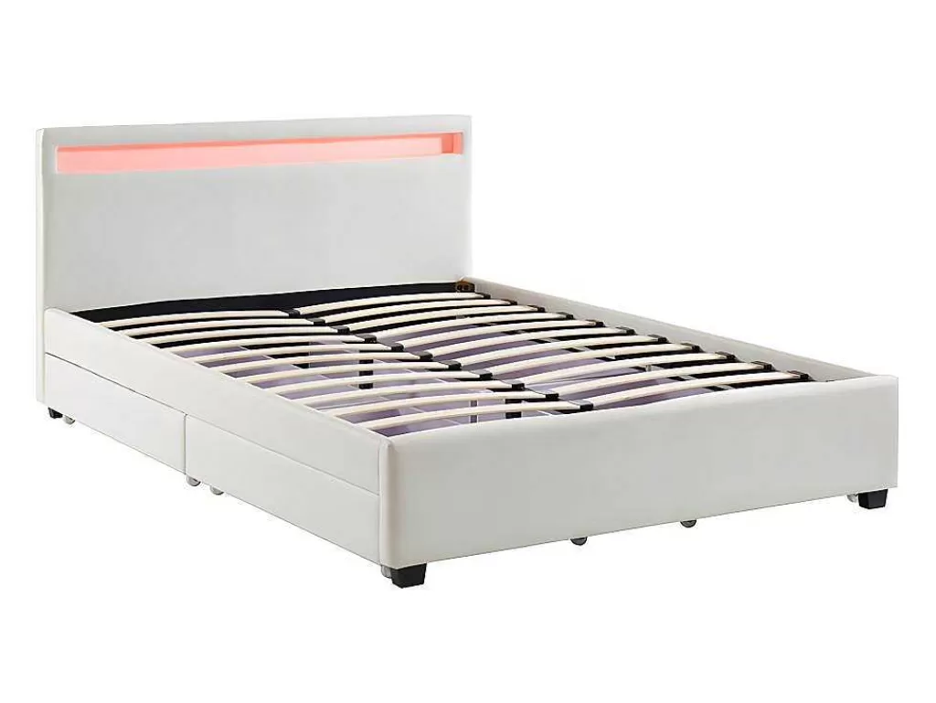 Cama Com Arrumação*Vente-unique Cama Com Arrumação De 140X190Cm Em Pele Sintética Branca Com Leds - Alois