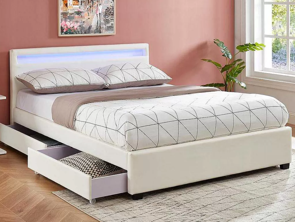 Cama Com Arrumação*Vente-unique Cama Com Arrumação De 140X190Cm Em Pele Sintética Branca Com Leds - Alois