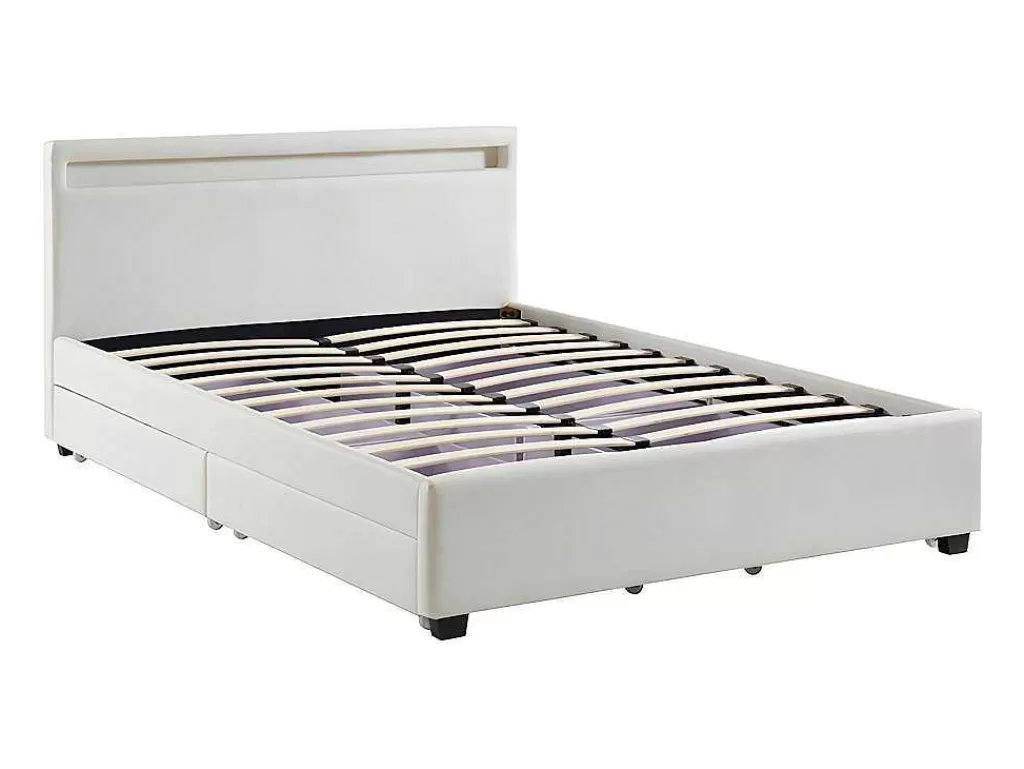 Cama Com Arrumação*Vente-unique Cama Com Arrumação De 140X190Cm Em Pele Sintética Branca Com Leds - Alois
