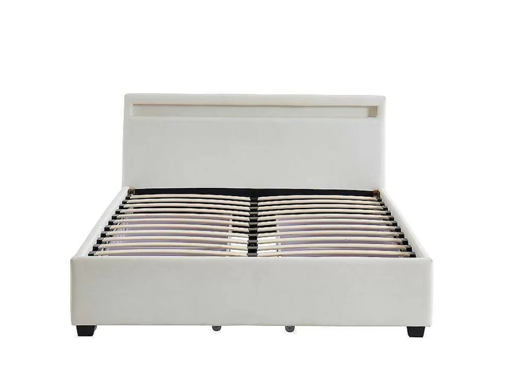 Cama Com Arrumação*Vente-unique Cama Com Arrumação De 140X190Cm Em Pele Sintética Branca Com Leds - Alois