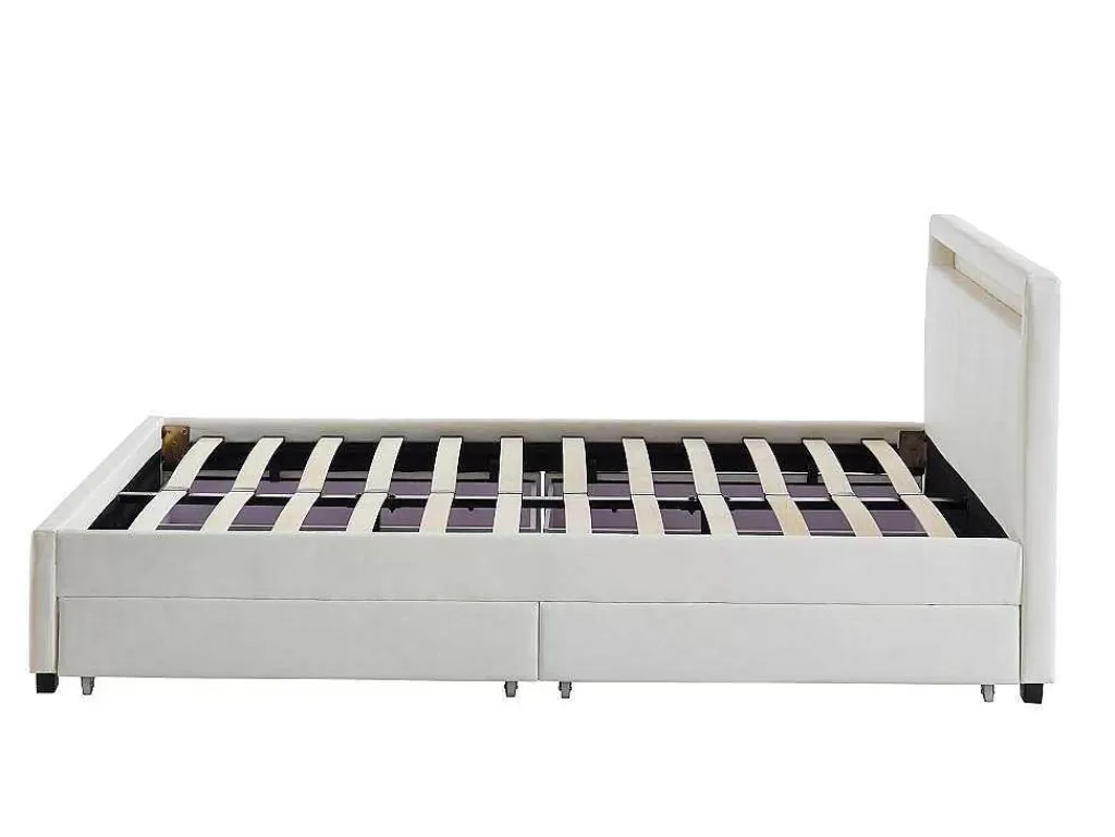 Cama Com Arrumação*Vente-unique Cama Com Arrumação De 140X190Cm Em Pele Sintética Branca Com Leds - Alois