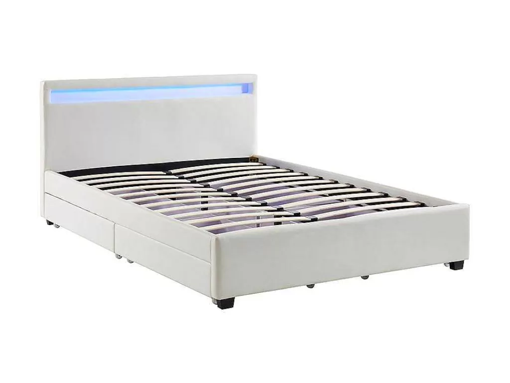 Cama Com Arrumação*Vente-unique Cama Com Arrumação De 140X190Cm Em Pele Sintética Branca Com Leds - Alois