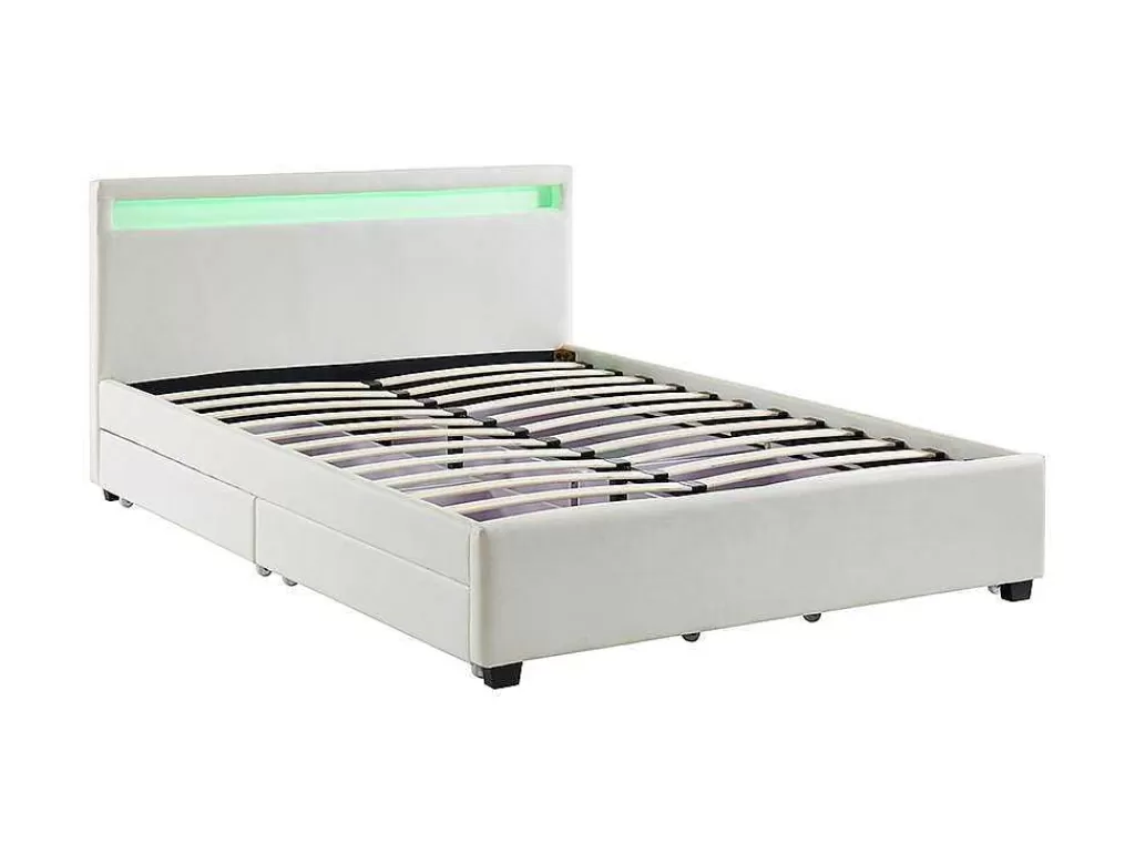 Cama Com Arrumação*Vente-unique Cama Com Arrumação De 140X190Cm Em Pele Sintética Branca Com Leds - Alois