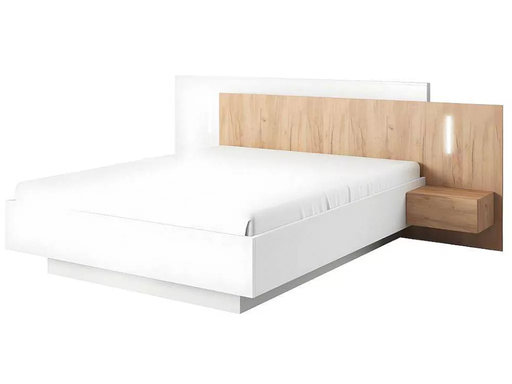Cama De Adulto*Vente-unique Cama Com Arrumação E Mesas De Cabeceira 160 X 200 Cm, 2 Gavetas, Com Leds, Branco E Natural + Colchão - Francoli