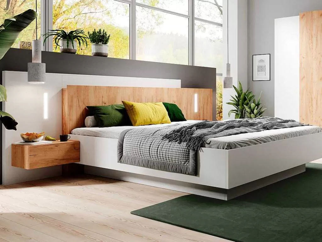 Cama De Adulto*Vente-unique Cama Com Arrumação E Mesas De Cabeceira 160 X 200 Cm, 2 Gavetas, Com Leds, Branco E Natural - Francoli