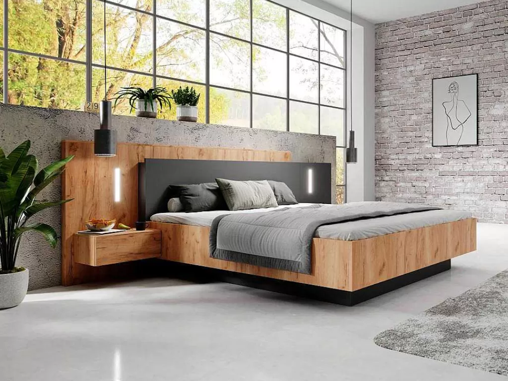 Cama De Adulto*Vente-unique Cama Com Arrumação E Mesas De Cabeceira 160 X 200 Cm, 2 Gavetas, Com Leds, Natural E Antracite + Colchão - Francoli
