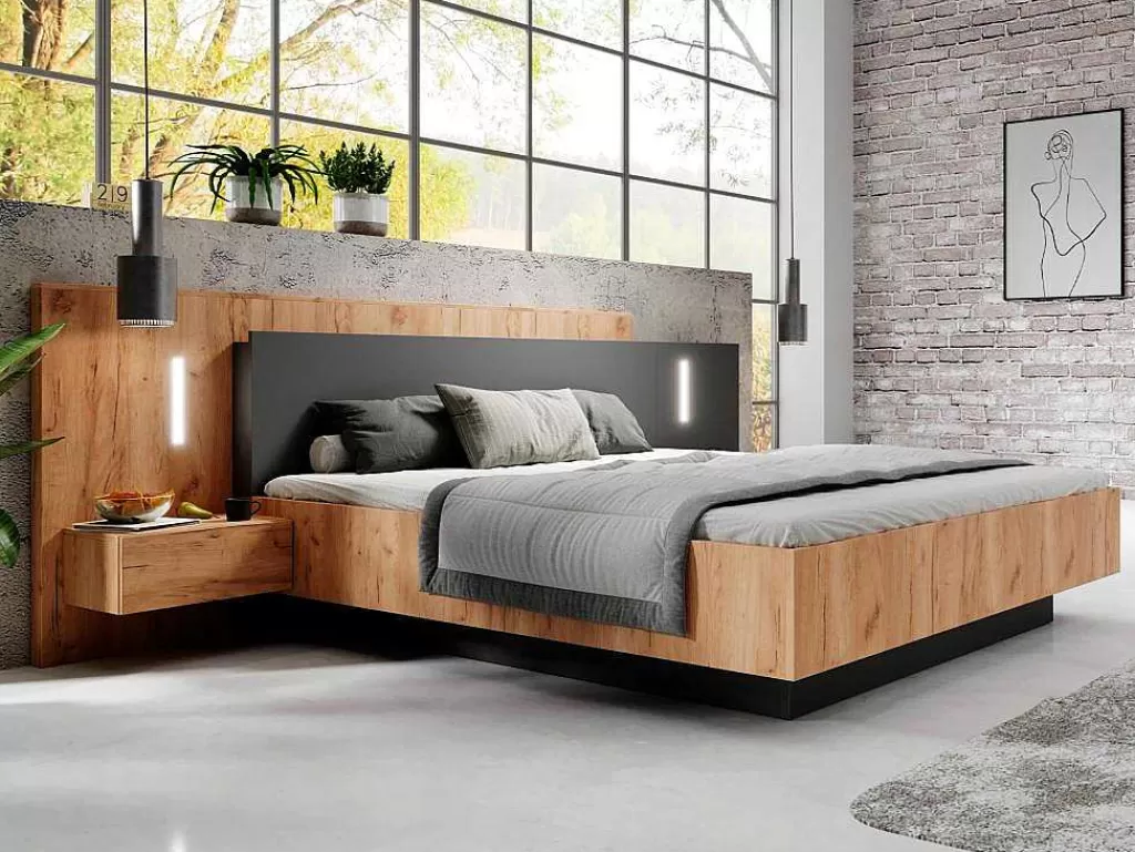 Cama De Adulto*Vente-unique Cama Com Arrumação E Mesas De Cabeceira 160 X 200 Cm, 2 Gavetas, Com Leds, Natural E Antracite + Colchão - Francoli