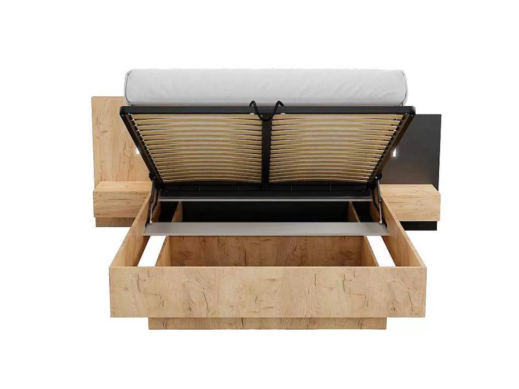 Cama De Adulto*Vente-unique Cama Com Arrumação E Mesas De Cabeceira 160 X 200 Cm, 2 Gavetas, Com Leds, Natural E Antracite + Colchão - Francoli