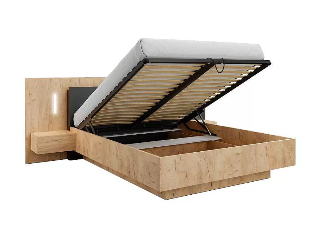 Cama De Adulto*Vente-unique Cama Com Arrumação E Mesas De Cabeceira 160 X 200 Cm, 2 Gavetas, Com Leds, Natural E Antracite + Colchão - Francoli