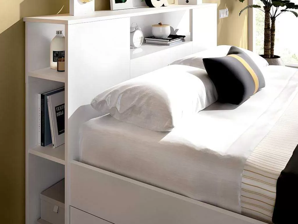 Cama De Adulto*Vente-unique Cama Com Cabeceira De Arrumação E Gavetas Disponivel Em Branco - 140X190Cm - Leandre