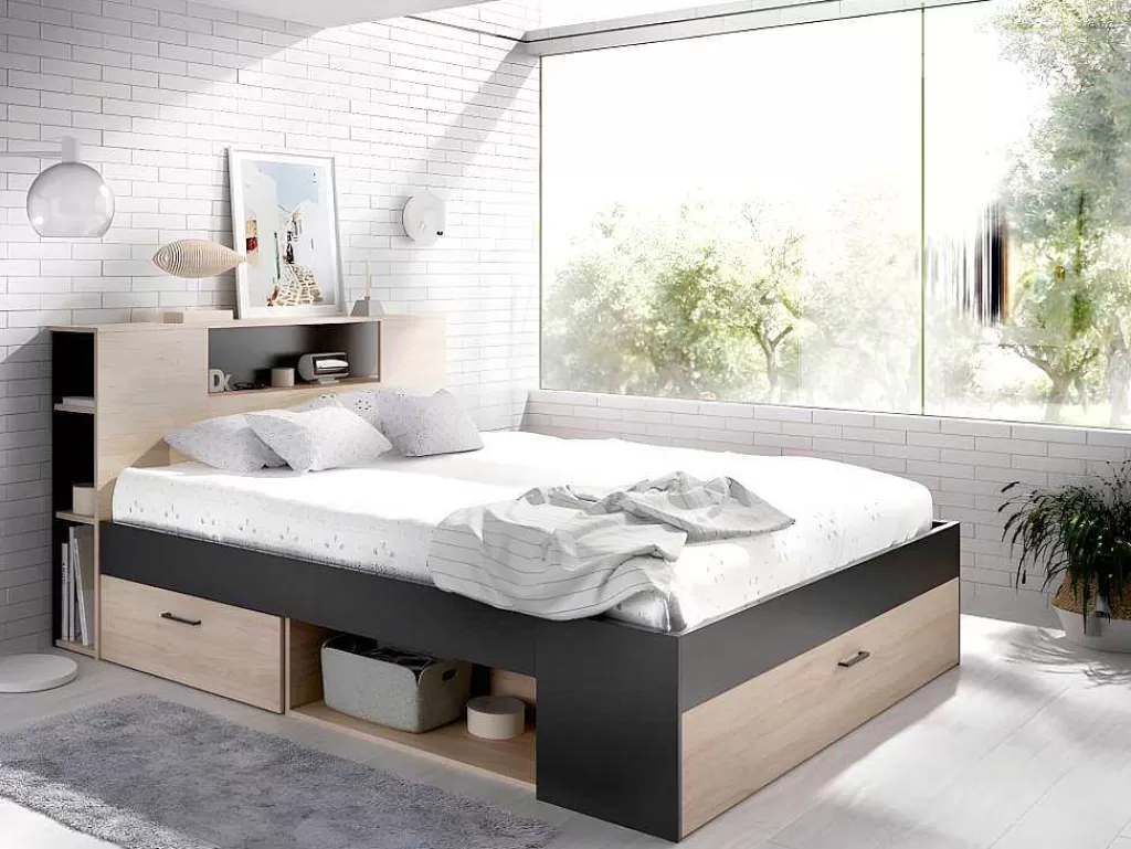 Cama Com Arrumação*Vente-unique Cama Com Cabeceira De Arrumação E Gavetas Disponivel Em Natural E Antracite - 160X200Cm - Leandre