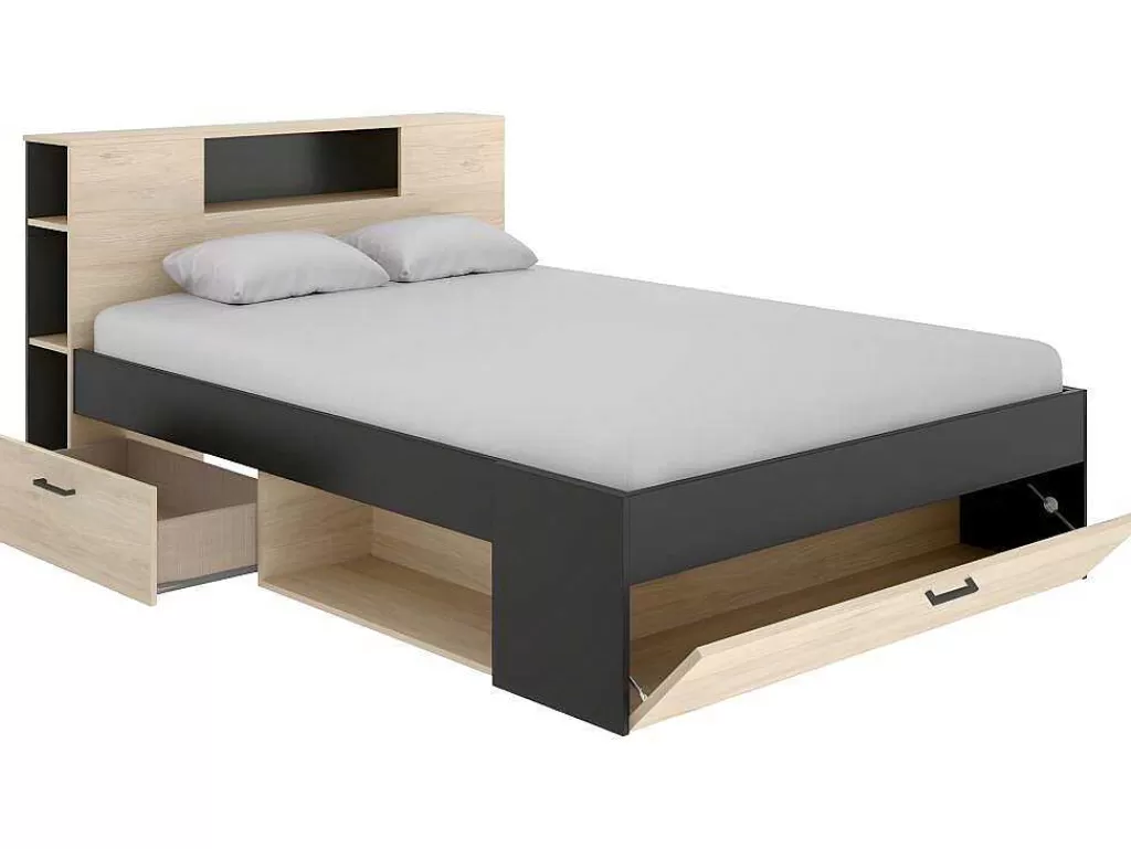Cama Com Arrumação*Vente-unique Cama Com Cabeceira De Arrumação E Gavetas Disponivel Em Natural E Antracite - 160X200Cm - Leandre