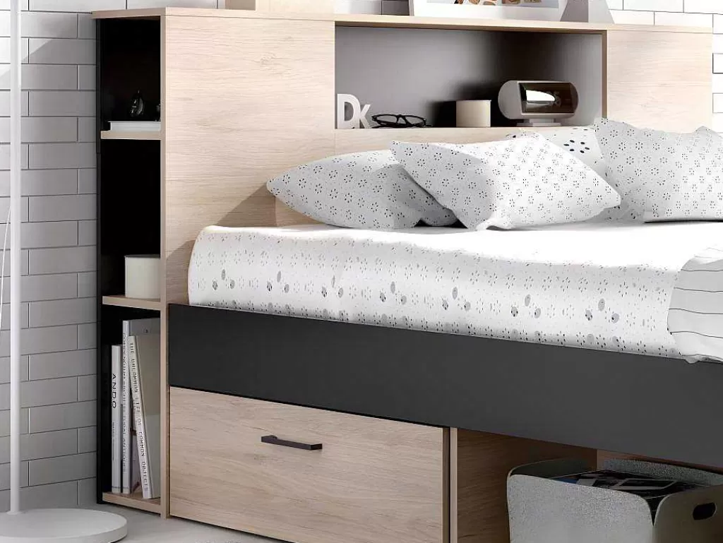 Cama Com Arrumação*Vente-unique Cama Com Cabeceira De Arrumação E Gavetas Disponivel Em Natural E Antracite - 160X200Cm - Leandre