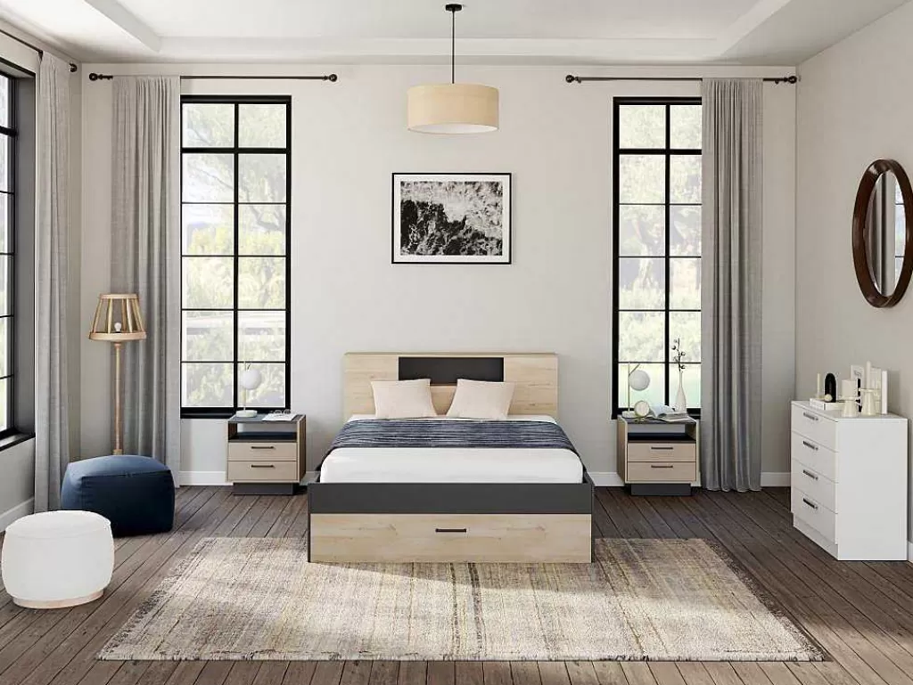 Cama Com Arrumação*Vente-unique Cama Com Cabeceira De Arrumação E Gavetas Disponivel Em Natural E Antracite - 160X200Cm - Leandre