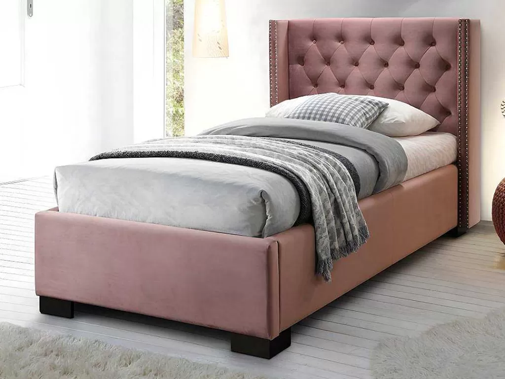 Cama Em Veludo*Vente-unique Cama Com Cabeceira De Cama Acolchoada 90 X 200 Cm Veludo Cor-De-Rosa + Colchão - Massimo Ii