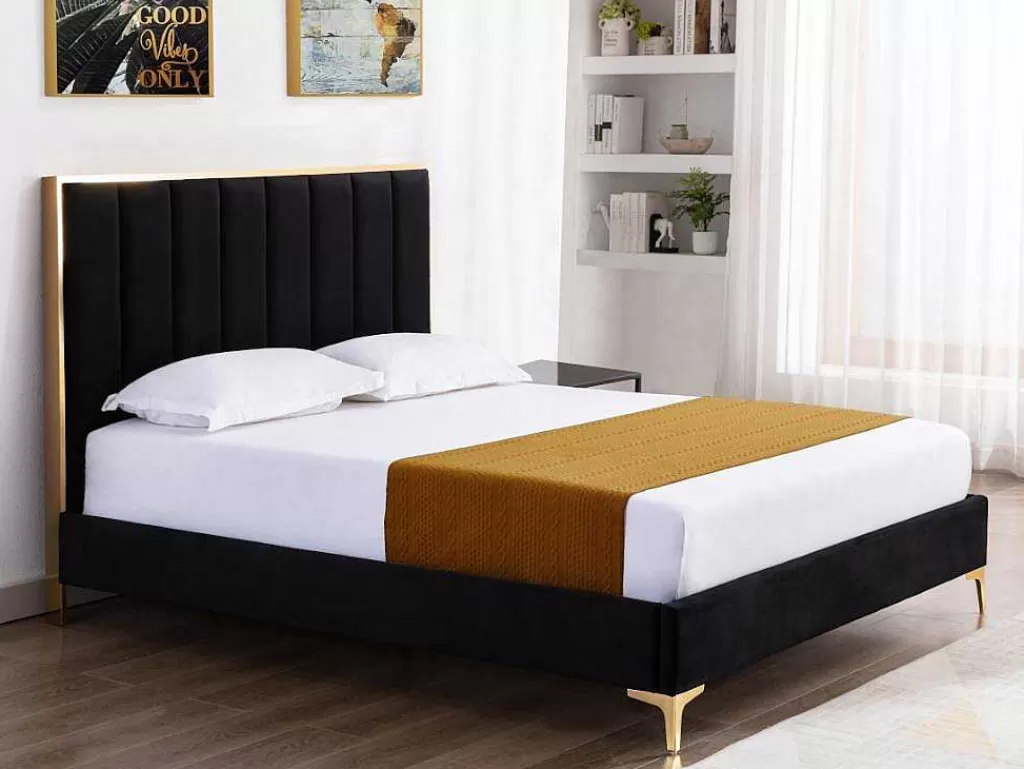 Cama Em Veludo*Vente-unique Cama Com Cabeceira De Cama Com Costuras Verticais De 160 X 200 Cm Em Veludo Cor Preto E Dourado - Clarisse