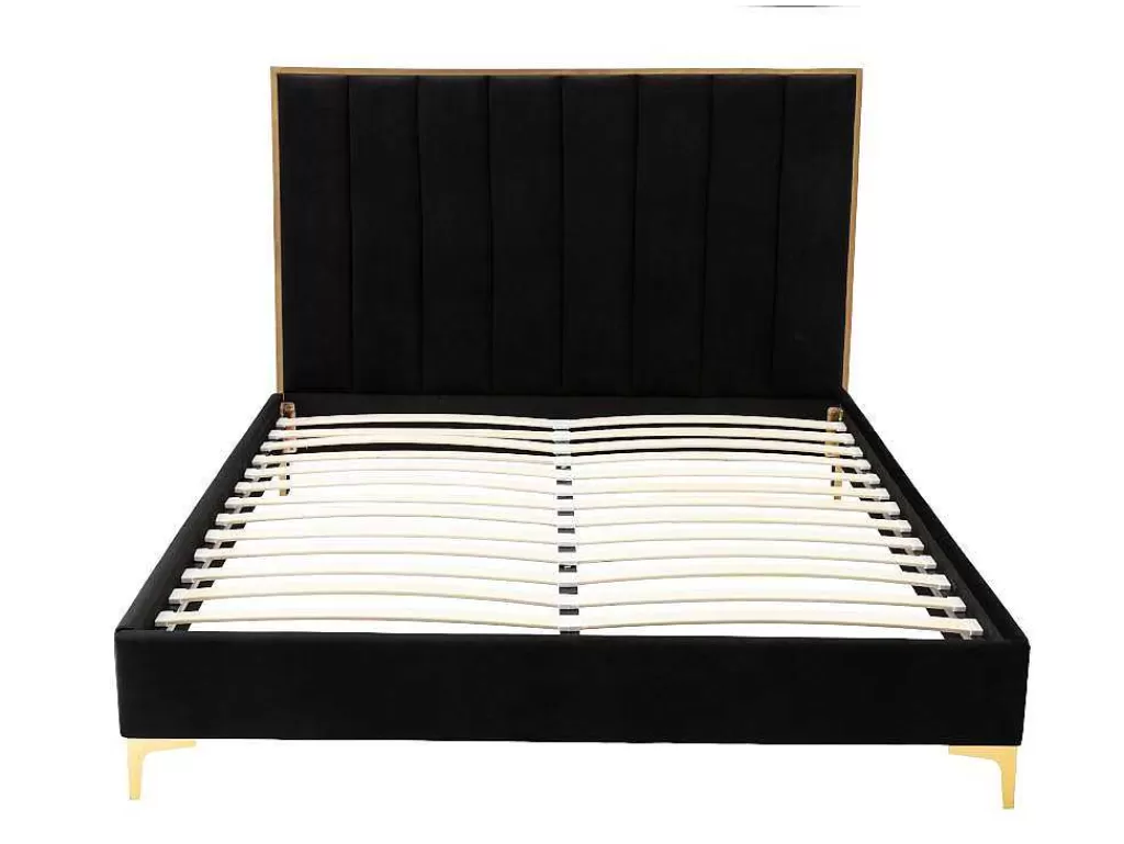 Cama Em Veludo*Vente-unique Cama Com Cabeceira De Cama Com Costuras Verticais De 160 X 200 Cm Em Veludo Cor Preto E Dourado - Clarisse