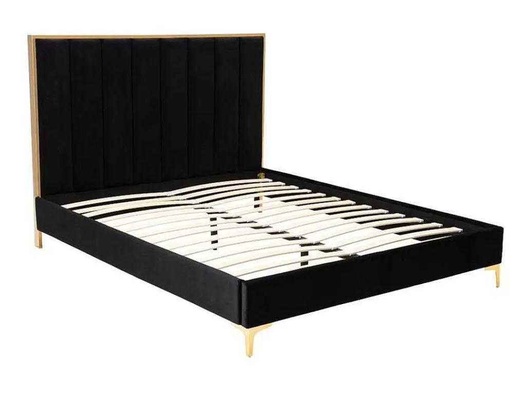 Cama Em Veludo*Vente-unique Cama Com Cabeceira De Cama Com Costuras Verticais De 160 X 200 Cm Em Veludo Cor Preto E Dourado - Clarisse
