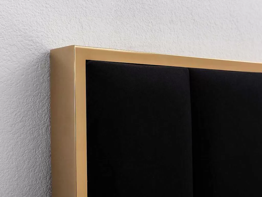 Cama Em Veludo*Vente-unique Cama Com Cabeceira De Cama Com Costuras Verticais De 160 X 200 Cm Em Veludo Cor Preto E Dourado - Clarisse