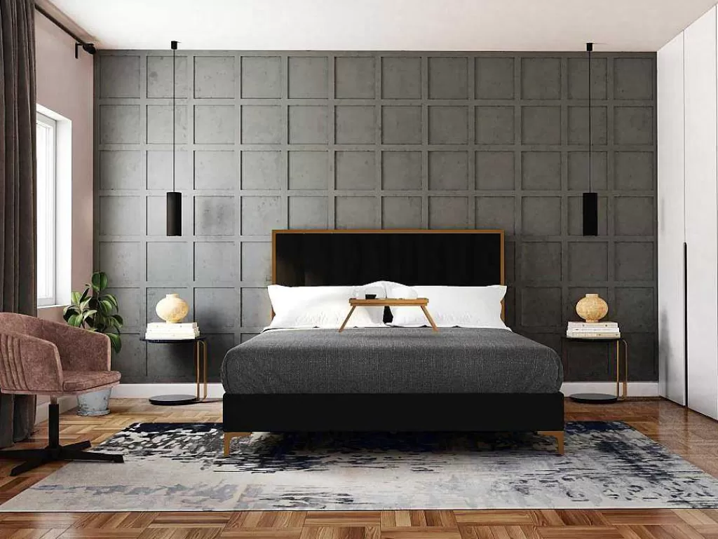 Cama Em Veludo*Vente-unique Cama Com Cabeceira De Cama Com Costuras Verticais De 160 X 200 Cm Em Veludo Cor Preto E Dourado - Clarisse