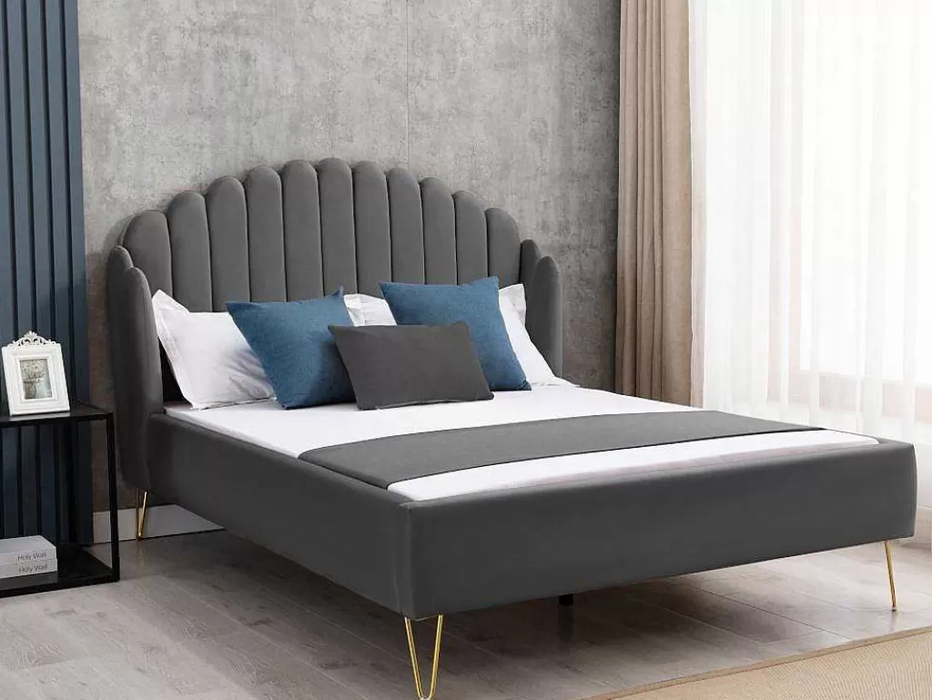 Cama Em Veludo*Vente-unique Cama Com Cabeceira De Cama Ondulada De 160 X 200 Cm Em Veludo Cor Cinza - Sagali