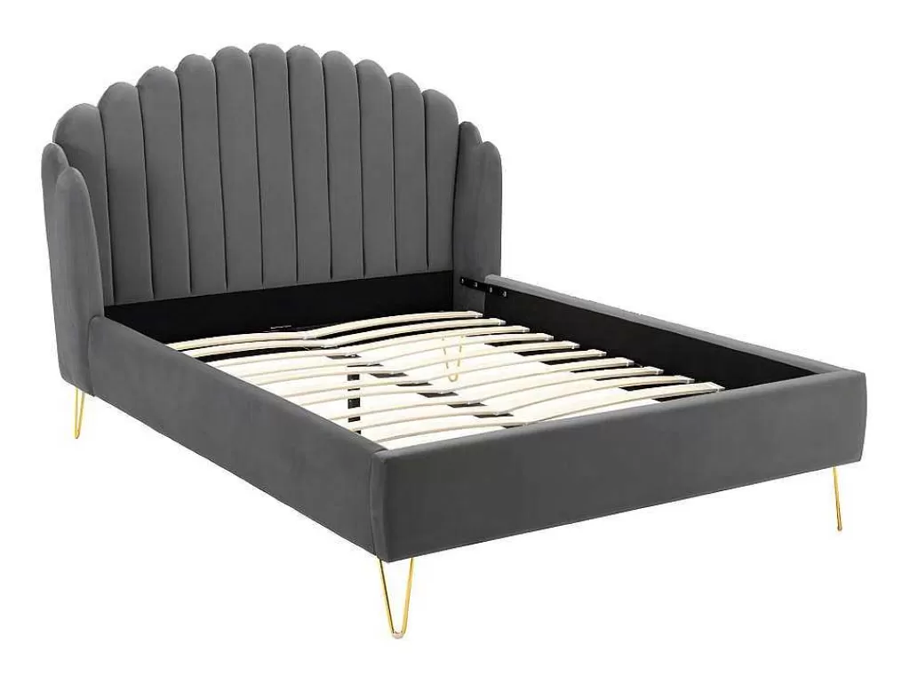 Cama Em Veludo*Vente-unique Cama Com Cabeceira De Cama Ondulada De 160 X 200 Cm Em Veludo Cor Cinza - Sagali