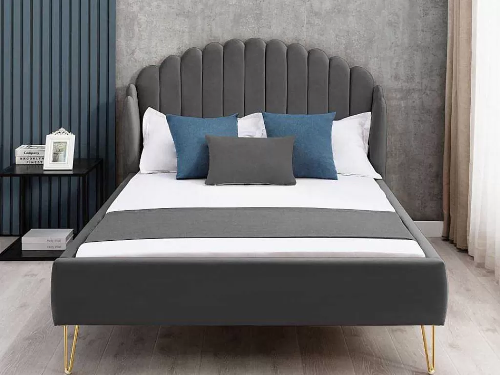 Cama Em Veludo*Vente-unique Cama Com Cabeceira De Cama Ondulada De 160 X 200 Cm Em Veludo Cor Cinza - Sagali
