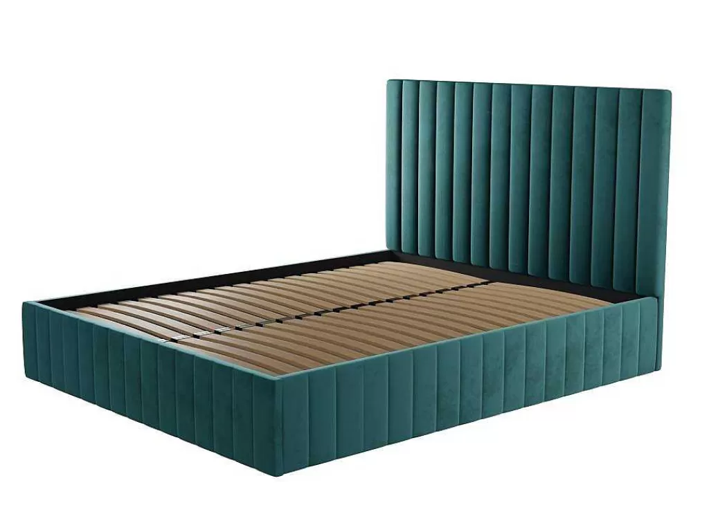 Cama Em Veludo*Vente-unique Cama Com Espaco De Arrumação 160 X 200 Cm Com Cabeceira De Cama Costuras Verticais Veludo Azul-Esverdeado + Colchão - Larali