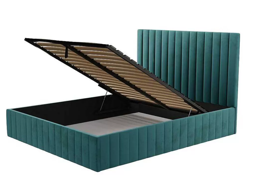 cama_com_espaco_de_arrumao_160_x_200_cm_com_cabeceira_de_cama_costuras_verticais_veludo_azulesverdeado__colcho__larali_4.webp Cama Em Veludo*Vente-unique Cama Com Espaco De Arrumação 160 X 200 Cm Com Cabeceira De Cama Costuras Verticais Veludo Azul-Esverdeado + Colchão - Larali