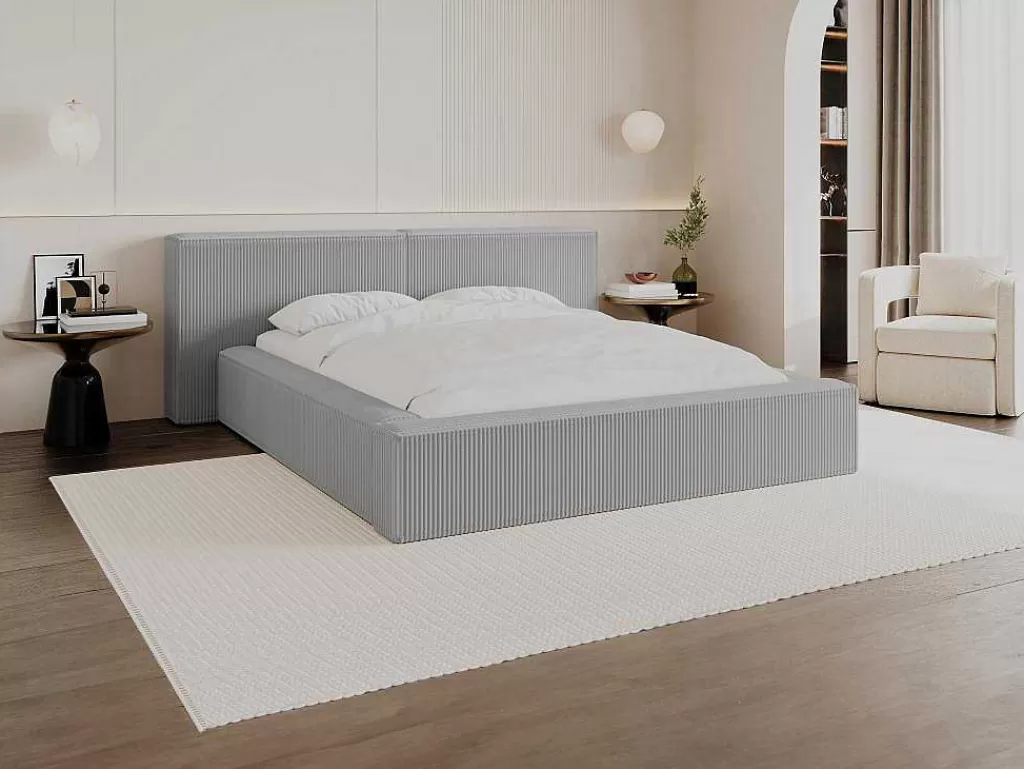 Cama Em Veludo*PASCAL MORABITO Cama Com Espaco De Arrumação 160 X 200 Cm Veludo Canelado Cinzento-Claro - Timano
