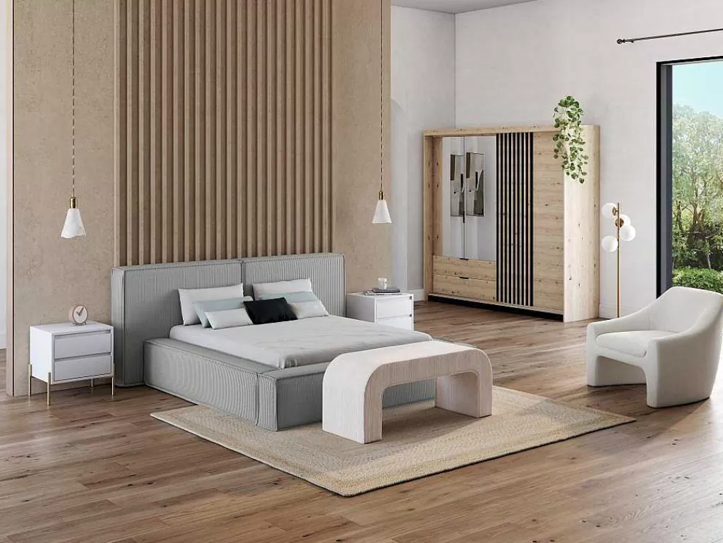 Cama Em Veludo*PASCAL MORABITO Cama Com Espaco De Arrumação 160 X 200 Cm Veludo Canelado Cinzento-Claro - Timano