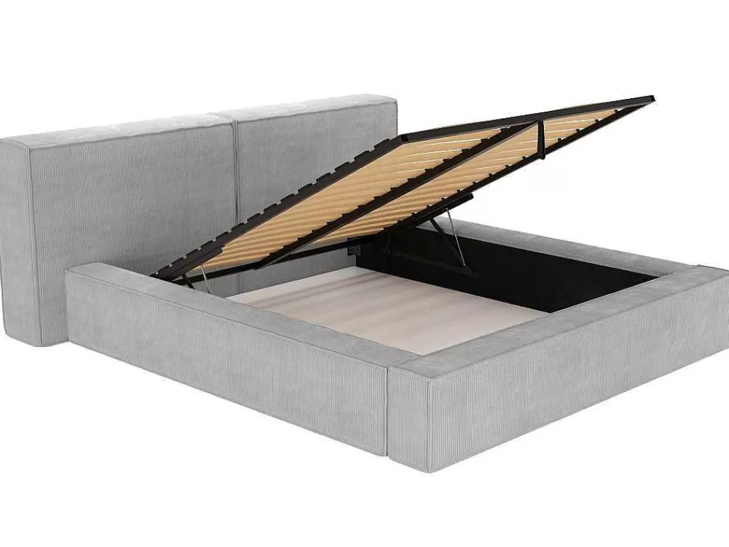 Cama Em Veludo*PASCAL MORABITO Cama Com Espaco De Arrumação 160 X 200 Cm Veludo Canelado Cinzento-Claro - Timano