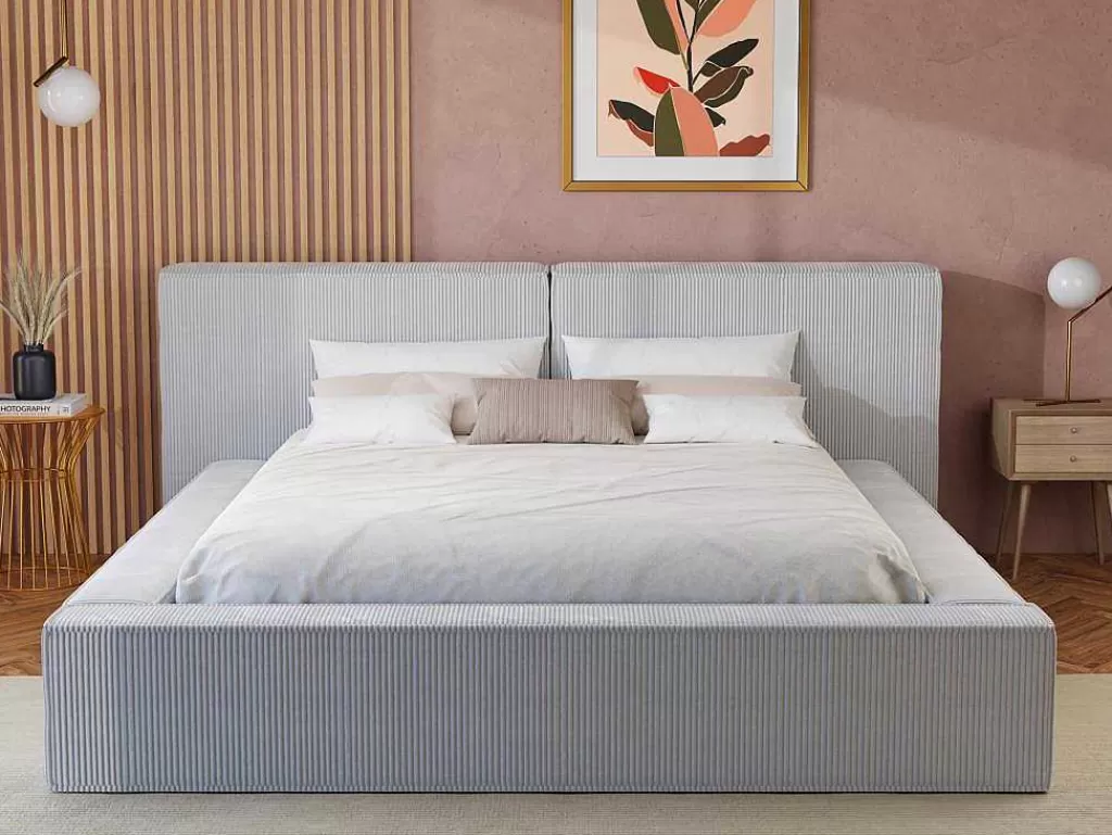 Cama Em Veludo*PASCAL MORABITO Cama Com Espaco De Arrumação 160 X 200 Cm Veludo Canelado Cinzento-Claro - Timano