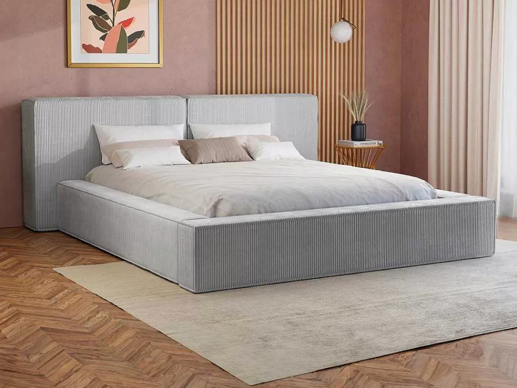 Cama Em Veludo*PASCAL MORABITO Cama Com Espaco De Arrumação 160 X 200 Cm Veludo Canelado Cinzento-Claro - Timano