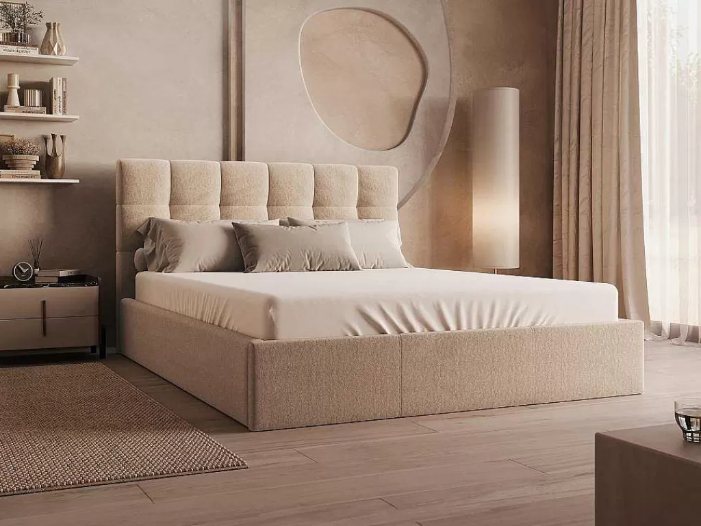 Cama Em Veludo*PASCAL MORABITO Cama Com Espaco De Arrumação 160X200 Cm Veludo Bege + Colchão - Mirdal De