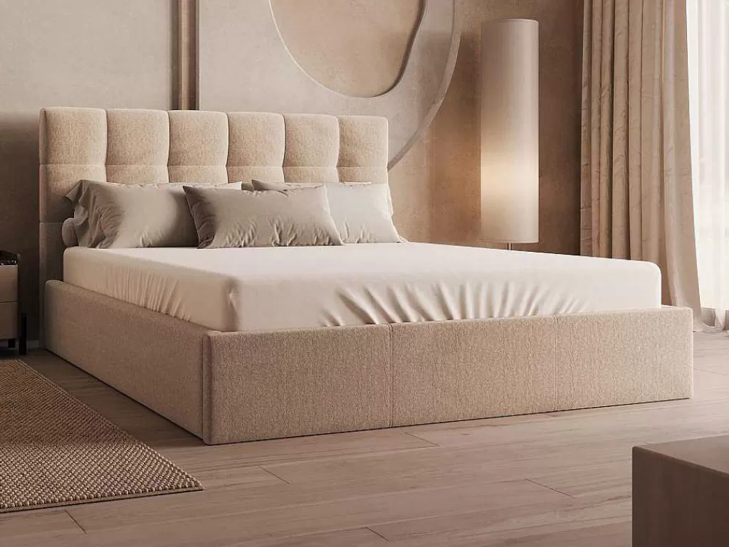 Cama Em Veludo*PASCAL MORABITO Cama Com Espaco De Arrumação 160X200 Cm Veludo Bege + Colchão - Mirdal De