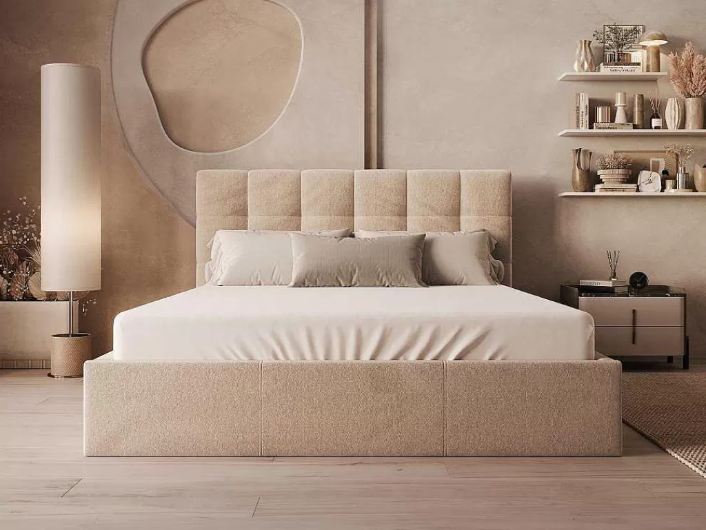 Cama Em Veludo*PASCAL MORABITO Cama Com Espaco De Arrumação 160X200 Cm Veludo Bege + Colchão - Mirdal De