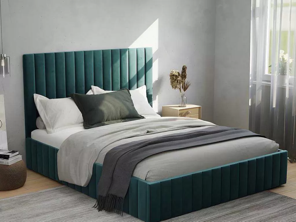 Cama Em Veludo*Vente-unique Cama Com Espaco De Arrumação 180 X 200 Cm Com Cabeceira De Cama Costuras Verticais Veludo Azul-Esverdeado + Colchão - Larali