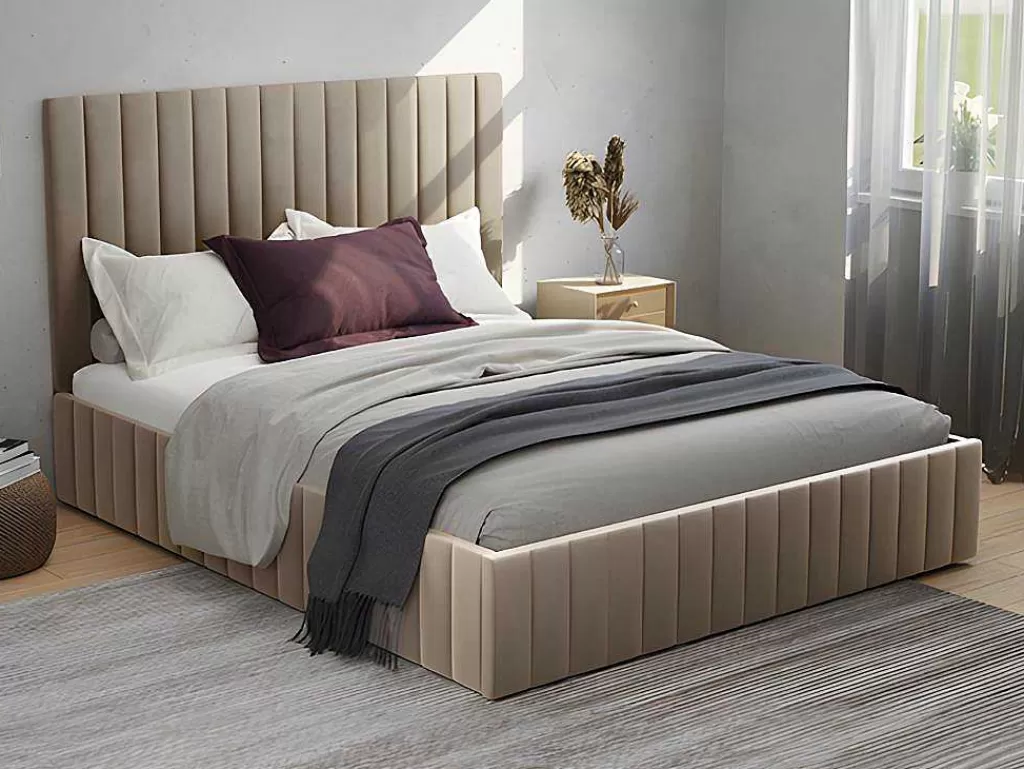 Cama Em Veludo*Vente-unique Cama Com Espaco De Arrumação 180 X 200 Cm Com Cabeceira De Cama Costuras Verticais Veludo Taupe + Colchão - Larali