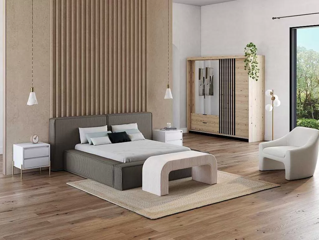Cama De Adulto*PASCAL MORABITO Cama Com Espaco De Arrumação 180 X 200 Cm Veludo Canelado Taupe - Timano