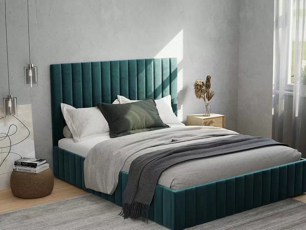 Cama De Adulto*PASCAL MORABITO Cama Com Espaco De Arrumação Com Cabeceira De Cama E Costuras Verticais 160 X 200 Cm Veludo Azul-Esverdeado - Larali