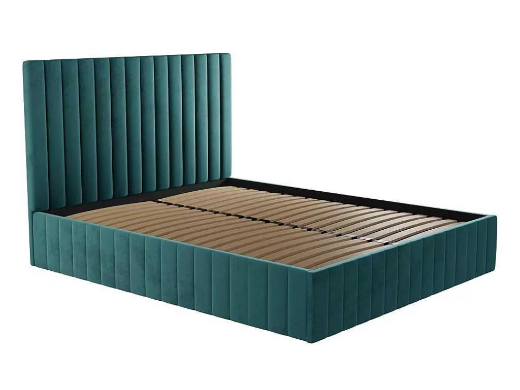 Cama De Adulto*PASCAL MORABITO Cama Com Espaco De Arrumação Com Cabeceira De Cama E Costuras Verticais 160 X 200 Cm Veludo Azul-Esverdeado - Larali