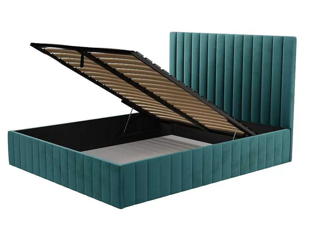 Cama De Adulto*PASCAL MORABITO Cama Com Espaco De Arrumação Com Cabeceira De Cama E Costuras Verticais 160 X 200 Cm Veludo Azul-Esverdeado - Larali