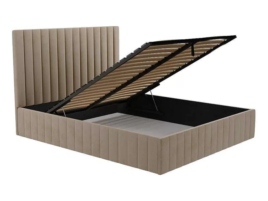 Cama Em Veludo*PASCAL MORABITO Cama Com Espaco De Arrumação E Cabeceira De Cama Com Costuras Verticais De 140 X 190 Cm Em Veludo Cor Taupe - Larali