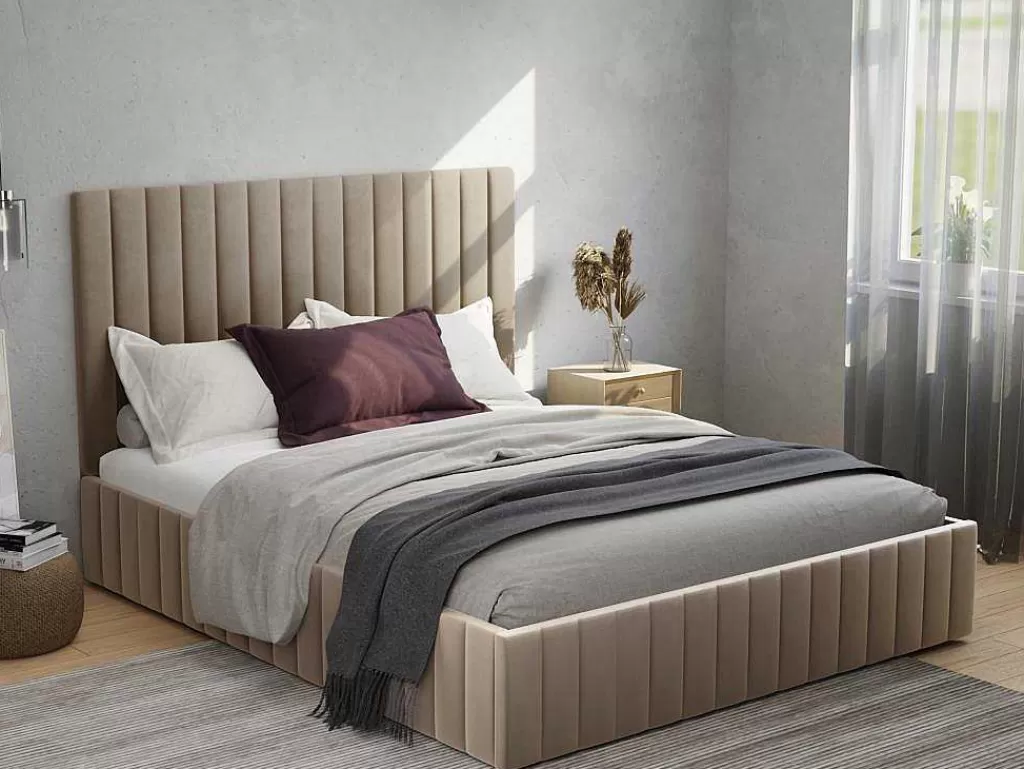Cama Em Veludo*PASCAL MORABITO Cama Com Espaco De Arrumação E Cabeceira De Cama Com Costuras Verticais De 160 X 200 Cm Em Veludo Cor Taupe - Larali