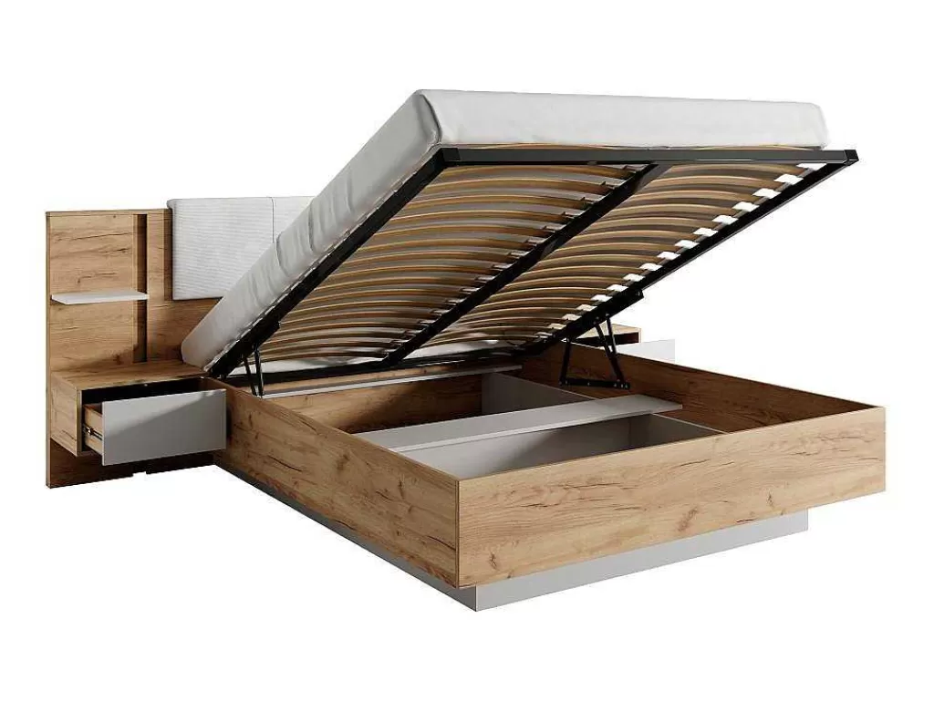 Cama De Adulto*Vente-unique Cama Com Espaco De Arrumação E Mesas De Cabeceira 160X200 Cm, Com Leds, Cor Natural E Branco - Elynia