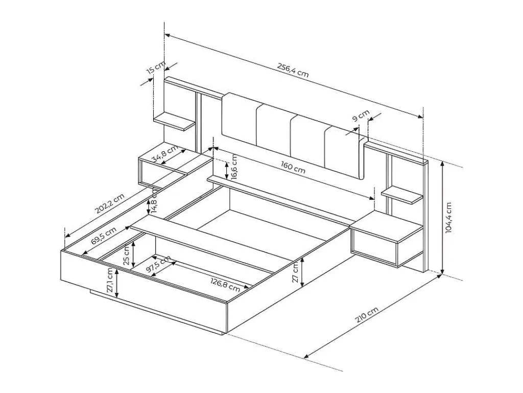 Cama De Adulto*Vente-unique Cama Com Espaco De Arrumação E Mesas De Cabeceira 160X200 Cm, Com Leds, Cor Natural E Branco - Elynia