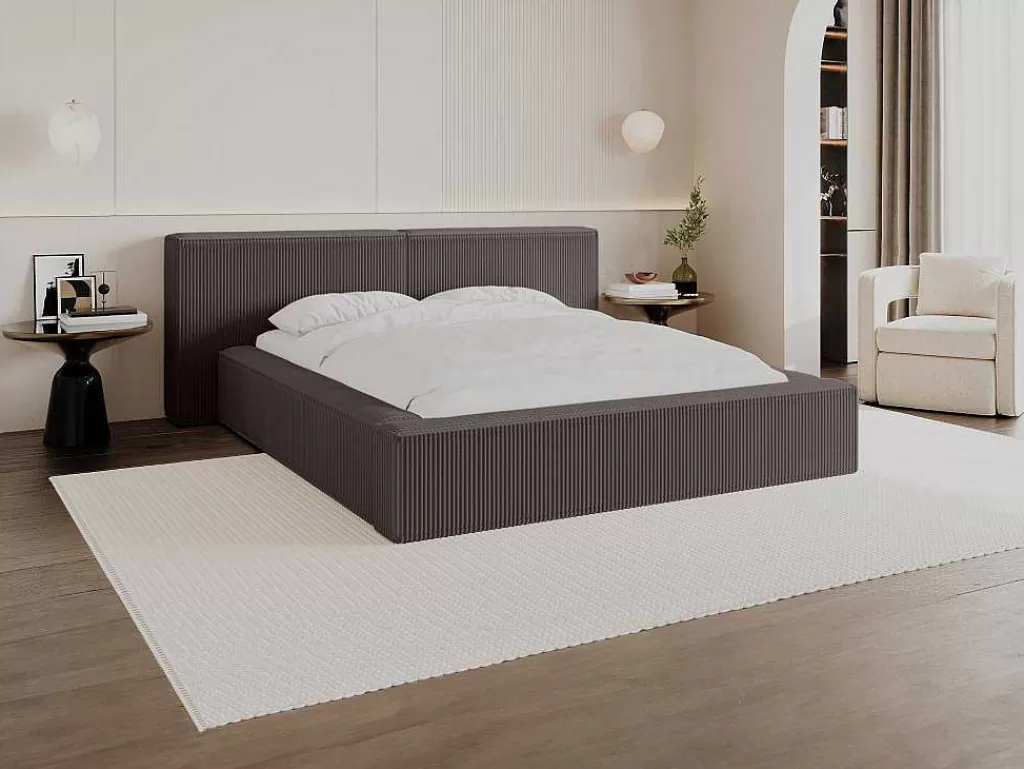 Cama Em Veludo*PASCAL MORABITO Cama Com Gaveta 180 X 200 Cm Veludo Canelado Taupe + Colchão - Timano
