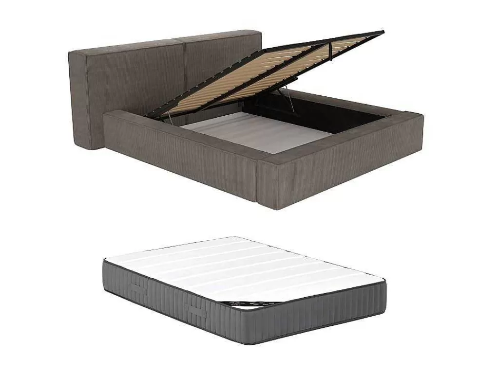 Cama Em Veludo*PASCAL MORABITO Cama Com Gaveta 180 X 200 Cm Veludo Canelado Taupe + Colchão - Timano