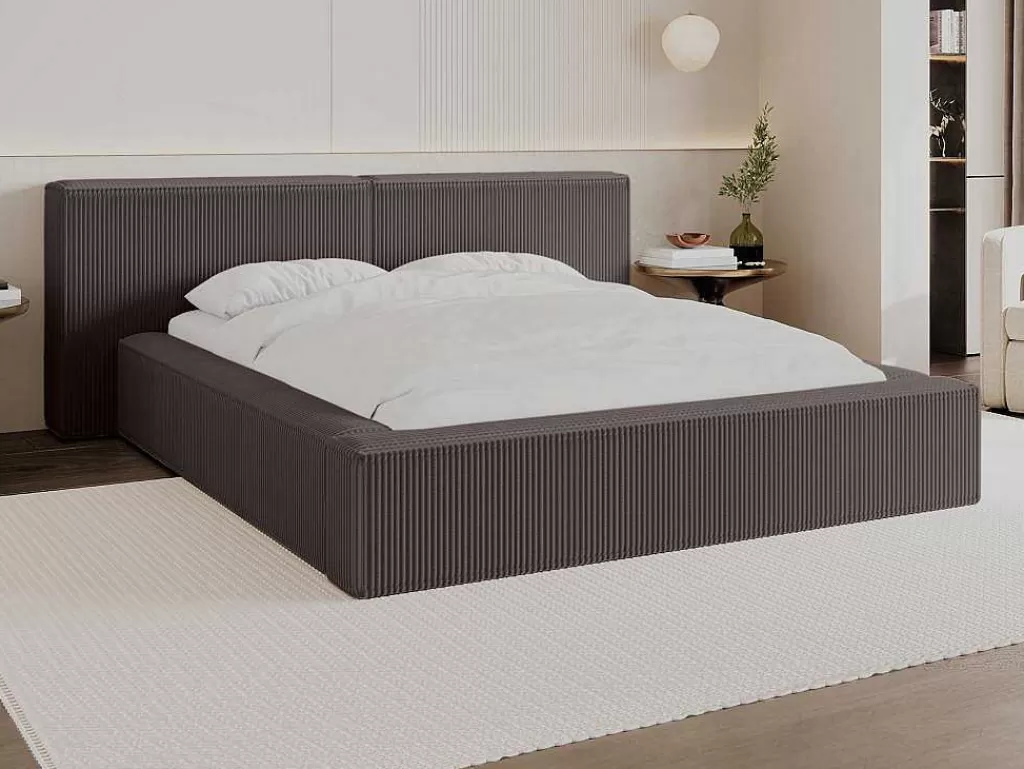 Cama Em Veludo*PASCAL MORABITO Cama Com Gaveta 180 X 200 Cm Veludo Canelado Taupe + Colchão - Timano